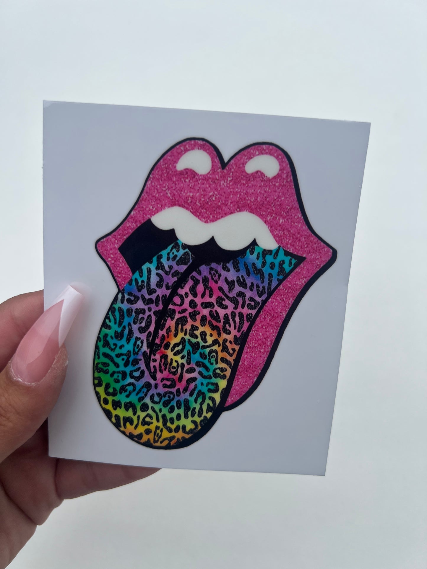 Pink lips tongue Cheetah tie dye 4” UVDTF Decal D#2