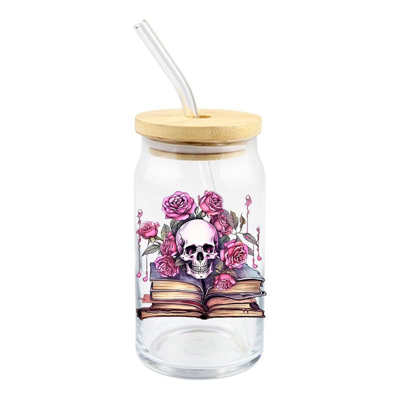 Floral Books Skull 4” UVDTF Decal