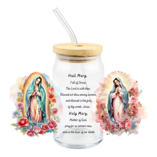 Holy Mary floral Faith Lord God Floral 16oz Libbey Glass Can UVDTF