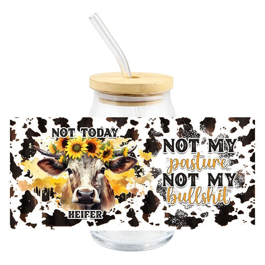 Cow Bison Floral sunflowers heifer cowhide not my pasture not my bullshit 16oz Libbey Glass Can Ready to apply