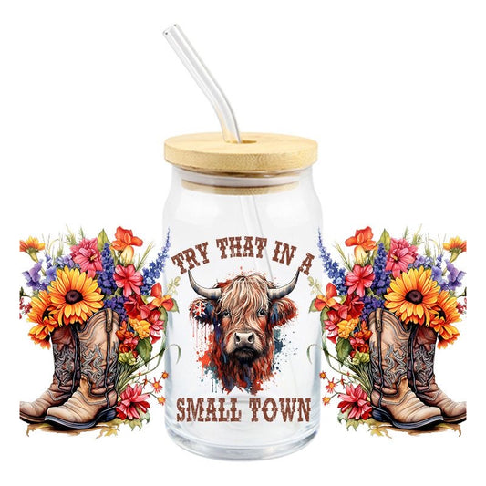 Bison Heifer cow floral flower flowers try that in a small town 16oz Libbey Glass Can Ready to apply | UVDTF #406