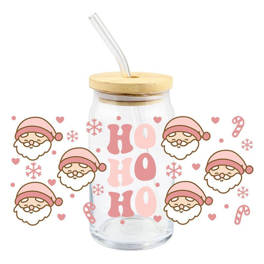 Christmas Santa Pink HO HO HO 16oz Libbey Glass Can Ready to apply | UVDTF #187