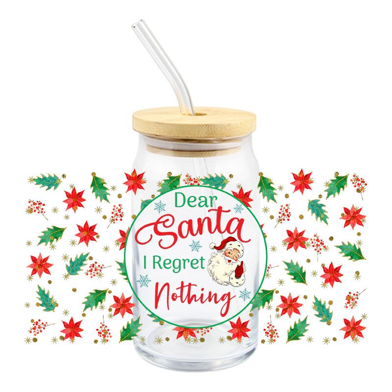 Santa Christmas I regret nothing 16oz Libbey Glass Can Ready to apply | UVDTF #189