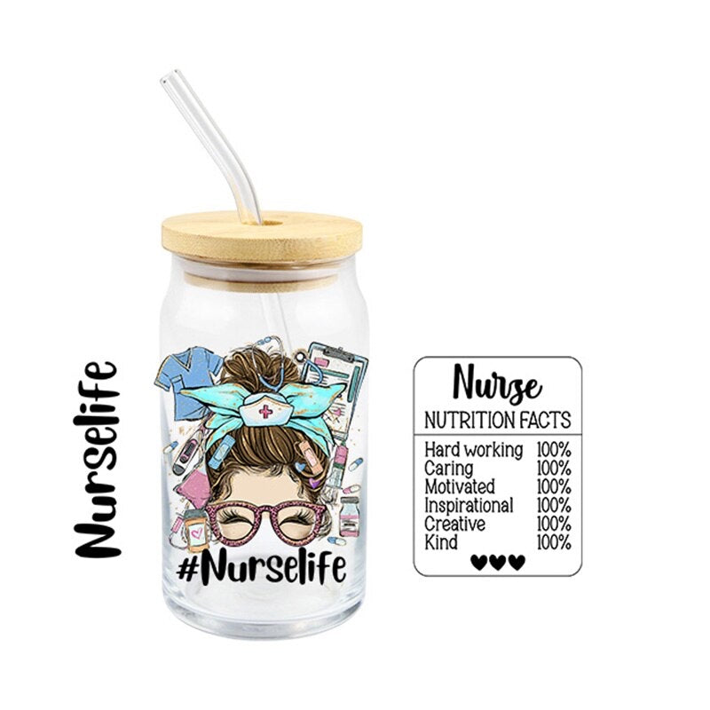 UV DTF Nurse Life fuel nutritional facts RN 16oz Libbey Glass Can Ready to apply | UVDTF #284