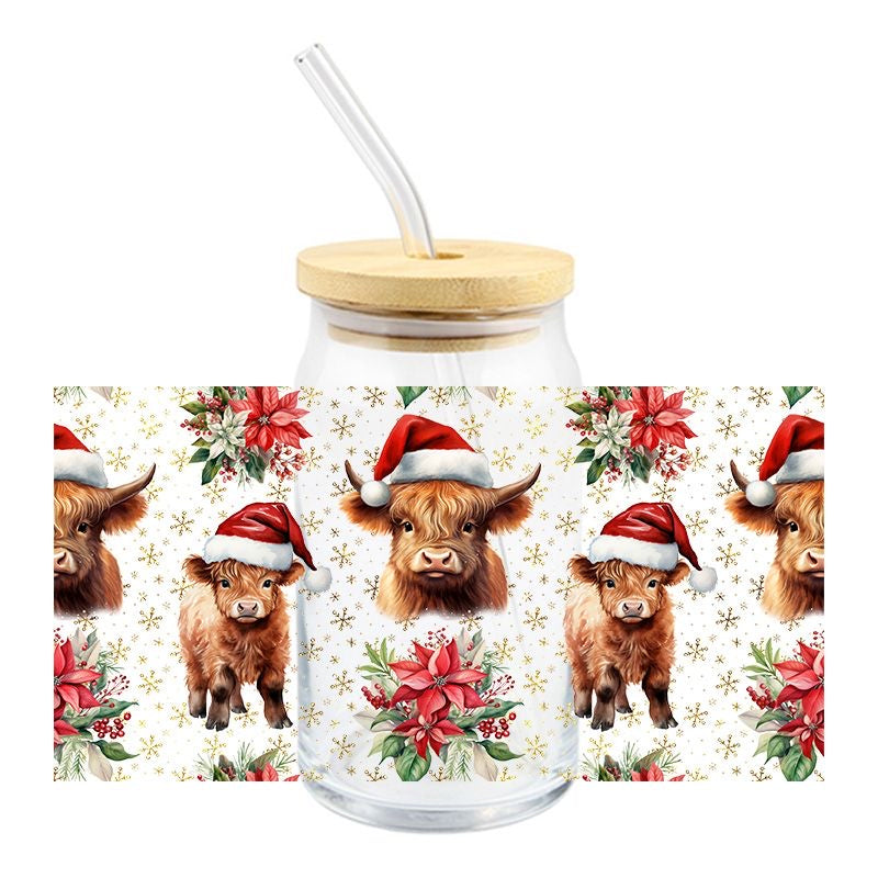 Christmas Bison Heifer cow 16oz Libbey Glass Can UVDTF #395