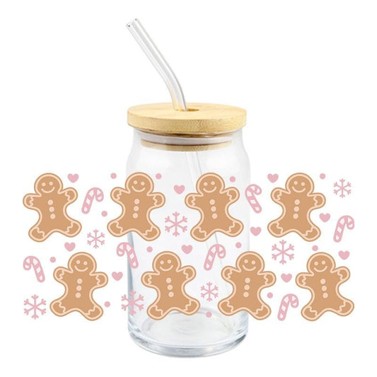 Christmas Holiday gingerbread man 16oz Libbey Glass Can UVDTF