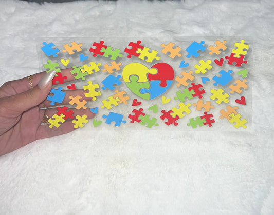 Autism Puzzle Pieces heart 16oz UVDTF cup wrap