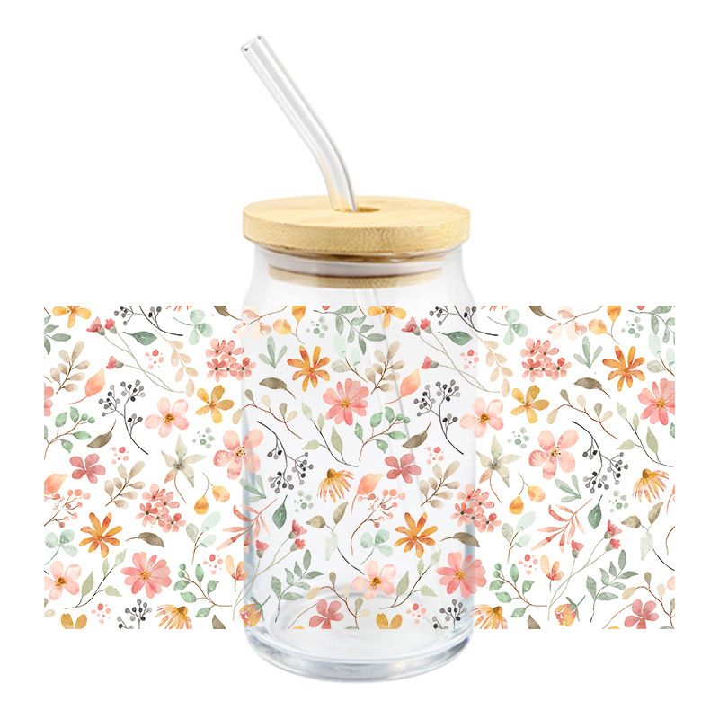 Flowers Floral Flower Leaf 16oz Libbey Glass Can Ready to apply | UVDTF #133