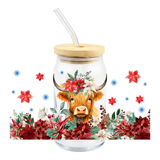 Christmas heifer cow Holiday 16oz Libbey Glass Can UVDTF #C10