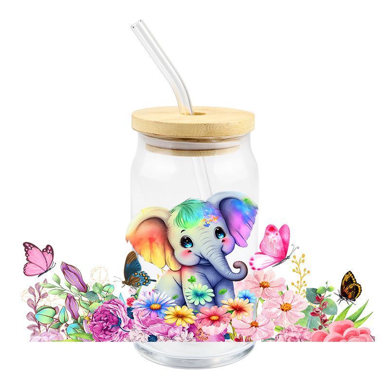 Colorful floral cute baby Elephant 16oz Libbey Glass Can UVDTF #167