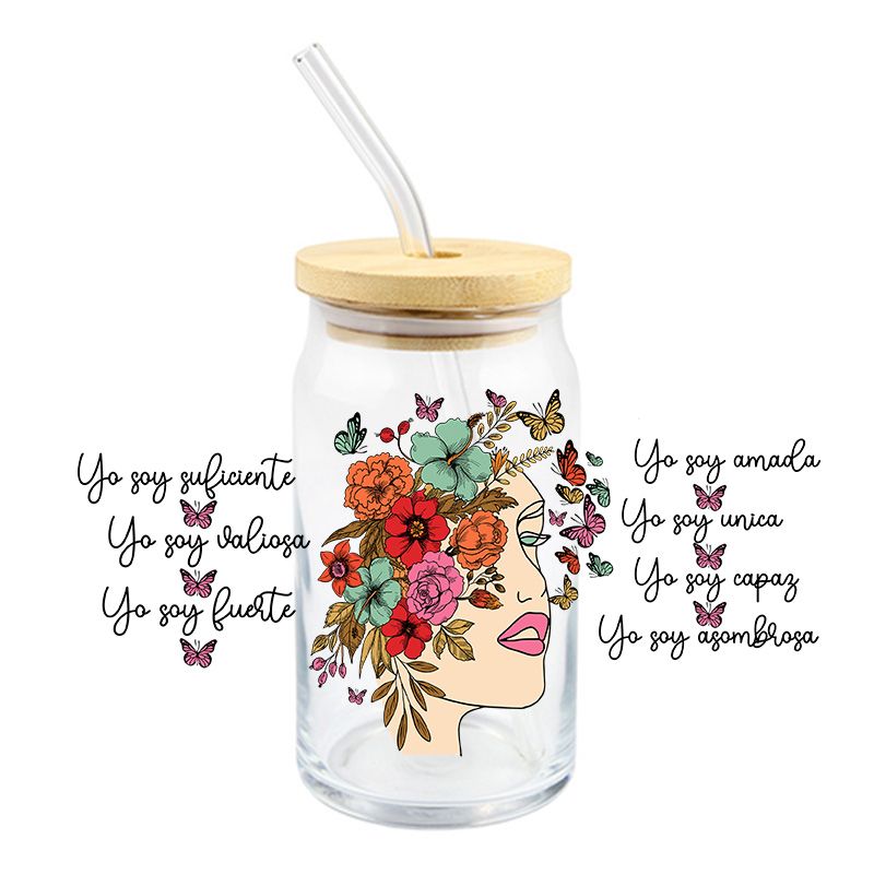 Girl Floral flower flowers Yo Soy recordatorios 16oz Libbey Glass Can Ready to apply | UVDTF #58