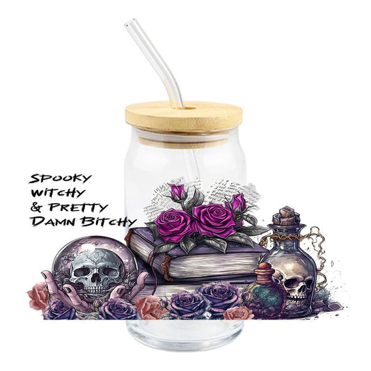 Halloween spooky Witchy Pretty Bitchy Skull floral 16 oz Libbey Glass Can UVDTF 257