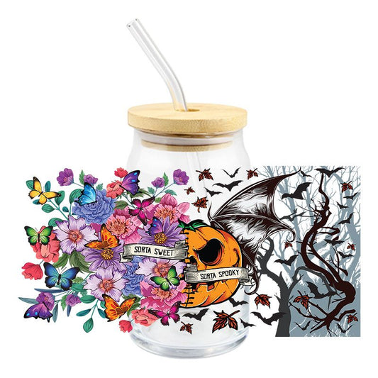 Halloween Spooky Horror Pumpkin floral Sorta Sweet 16oz cup wrap Ready to apply