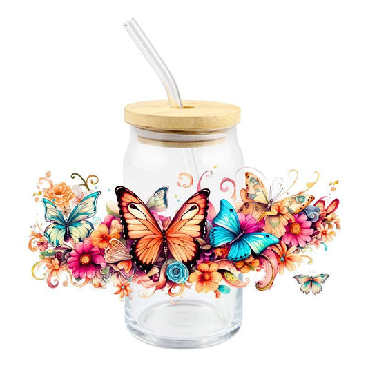 Floral Flowers Butterfly Butterflies 16oz Libbey Glass Can Ready to apply | UVDTF #206