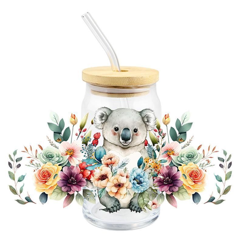 Floral Koala Flowers 16oz Libbey Glass Can Ready to apply | UVDTF #170