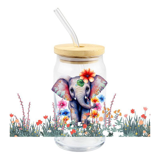 Floral Elephant flowers 16oz Libbey Glass Can Ready to apply | UVDTF #153