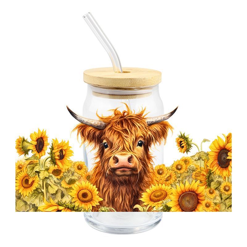 Bison Heifer floral Sunflower Sunflowers 16oz Libbey Glass Can Ready to apply | UVDTF #396