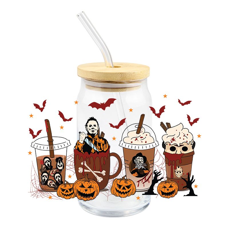 Halloween Spooky Horror Pumpkin Scary Coffee Cups 16 oz Libbey Glass Can Ready to apply | UVDTFn