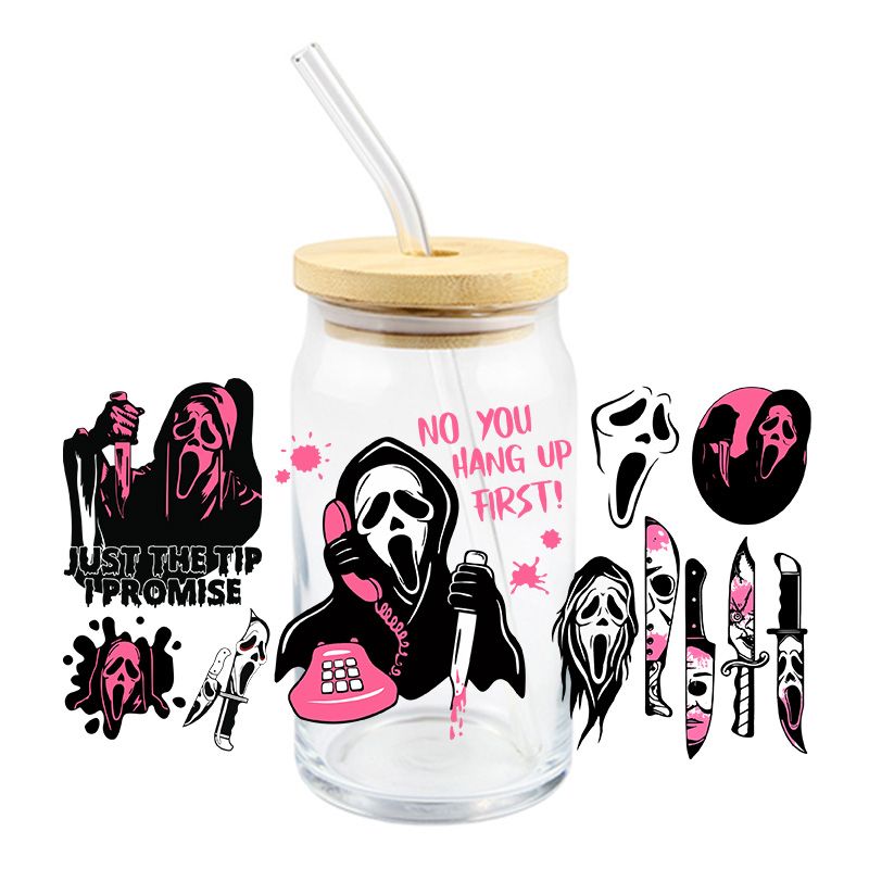 Halloween Spooky Horror GhostFace Scream hang up 16 oz Libbey Glass Can Ready to apply | UVDTF #237