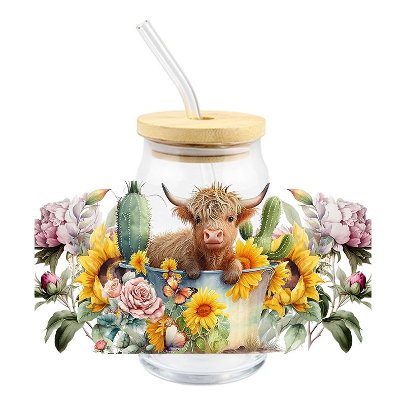 cute cow bison heifer cactus floral 16oz Libbey Glass Can Ready to apply | UVDTF #408