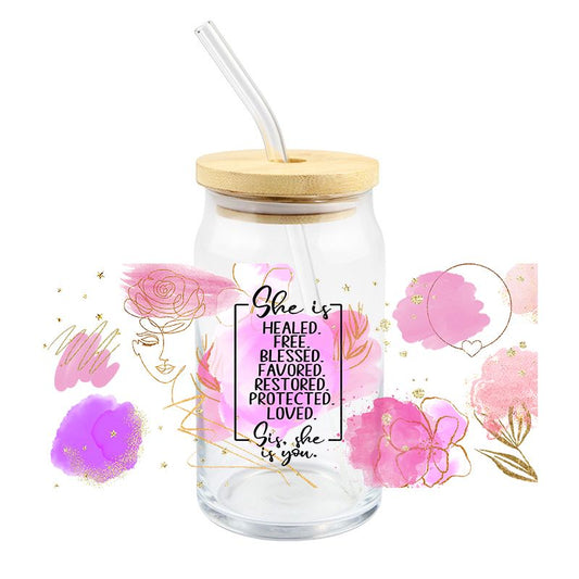 She is Healed free blessed loved pink floral gold 16oz Libbey Glass Can Ready to apply | UVDTF 309