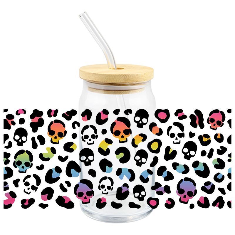 Cheetah tie dye skulls 16oz Libbey Glass Can Ready to apply | UVDTF #205