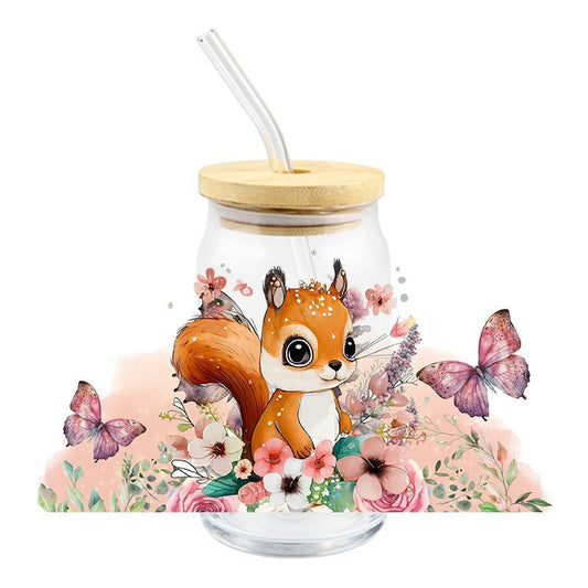 Floral Flowers Squirrel butterfly 3D realistic looking 16oz Libby Glass Can UVDTF #162