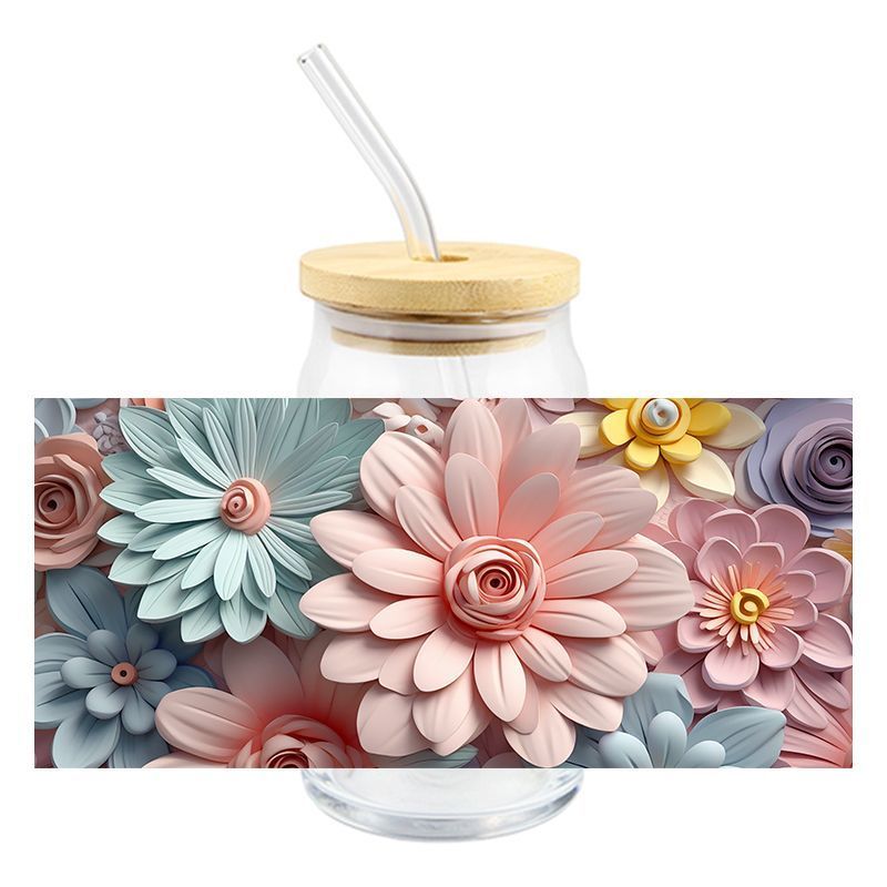 Floral Flowers 3D realistic looking 16oz Libbey Glass Can Ready to apply | UVDTF 165