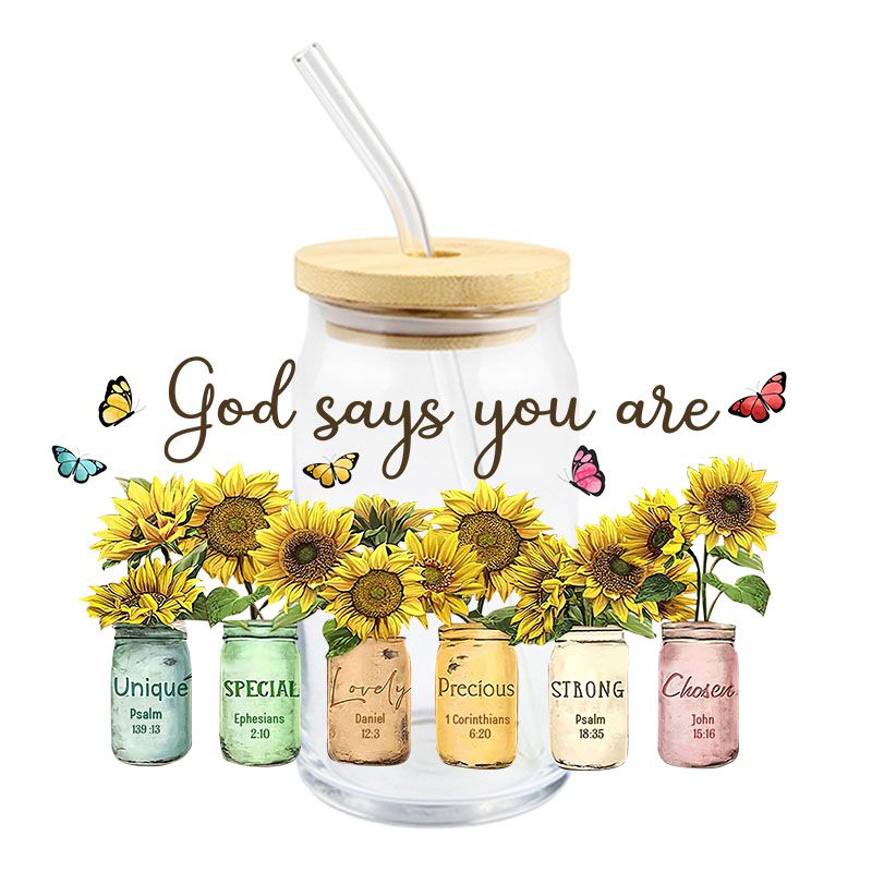 God Says you are Sunflower Sunflowers 16oz Libbey Glass Can Ready to apply | UVDTF #320