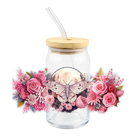 Floral Colorful PINK Moth 3D realistic 16oz Libbey Glass Can Ready to apply | UVDTF #163