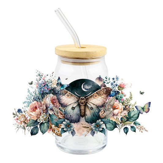 Floral Colorful Moth 3D realistic 16oz Libbey Glass Can Ready to apply | UVDTF #166