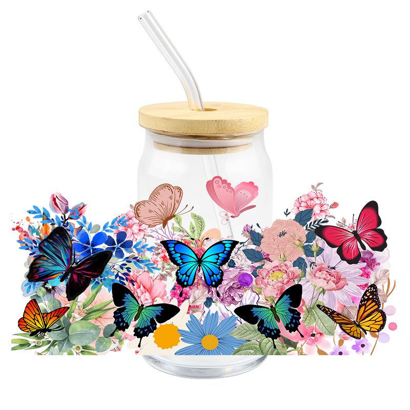 Butterflies butterfly floral flowers 16oz Libbey Glass Can Ready to apply | UVDTF #175