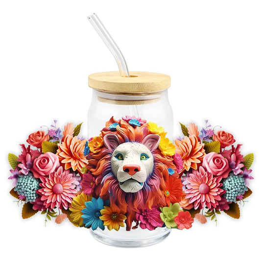 Floral Flowers Lion flower 3D realistic looking 16oz Libbey Glass Can Ready to apply | UVDTF