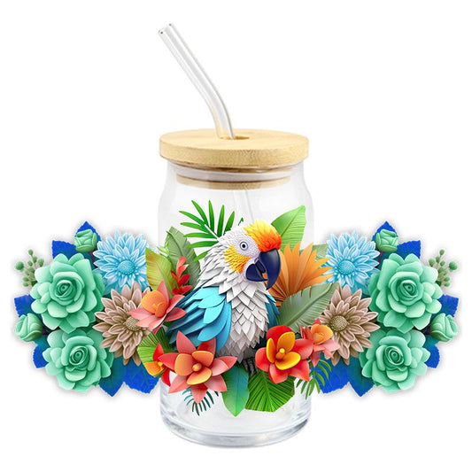 Floral Flowers Bird flower 3D realistic looking 16oz Libbey Glass Can Ready to apply | UVDTF