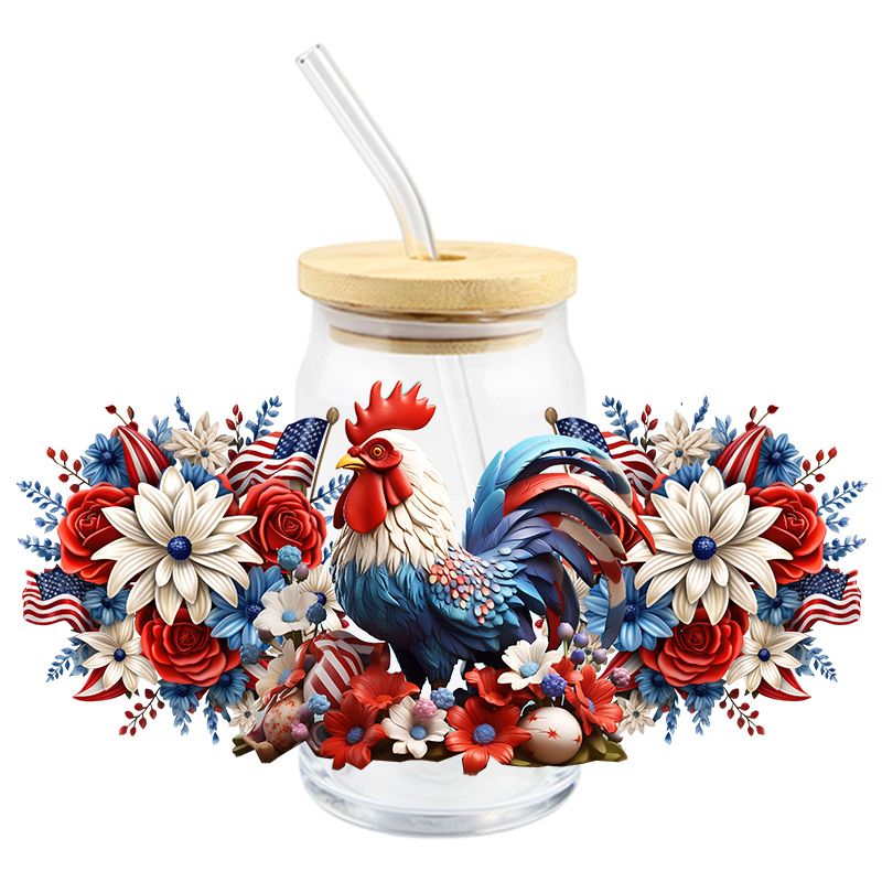 Floral Flowers Rooster flower 3D realistic looking 16oz Libbey Glass Can Ready to apply | UVDTF #339