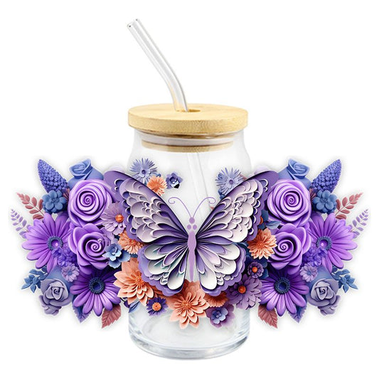 Floral Flowers Butterfly Butterflies purple flower 3D realistic looking 16oz Libbey Glass Can Ready to apply | UVDTF #164