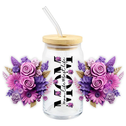 Floral Flowers Mom best life purple flower 3D realistic looking 16oz Libbey Glass Can Ready to apply | UVDTF #39