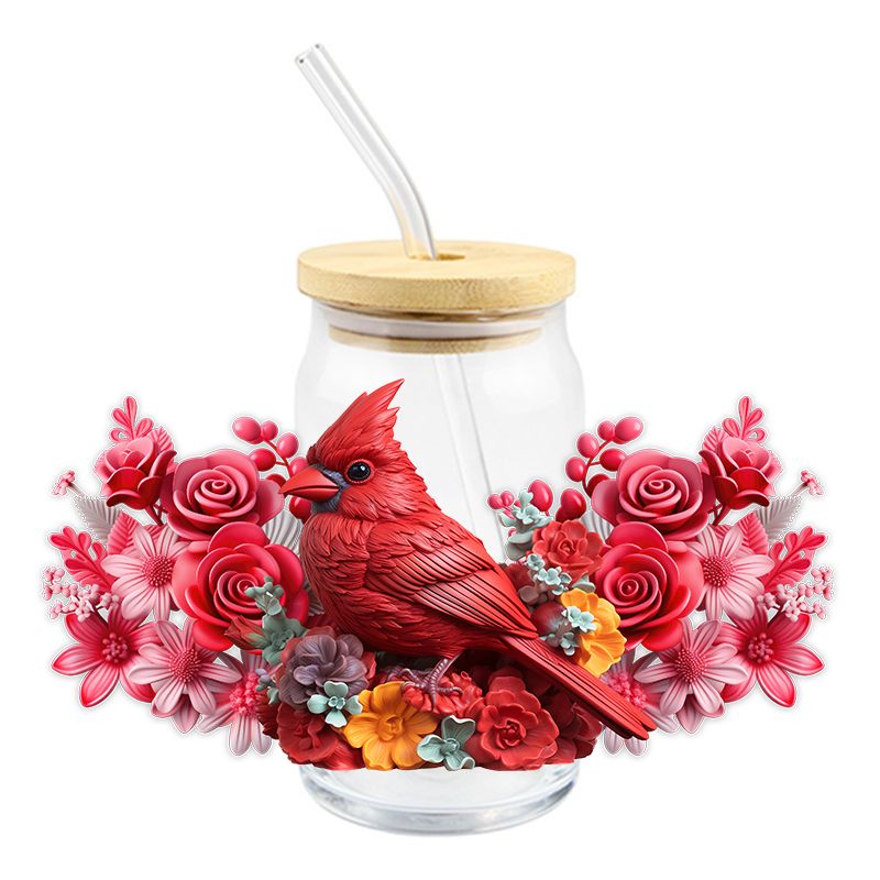 Floral Flowers Red bird cardinal 3D realistic looking 16oz Libbey Glass Can Ready to apply | UVDTF #168