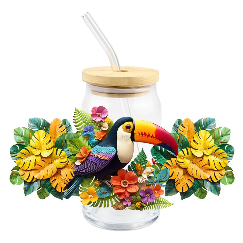 Floral Flowers toucan bird  3D realistic looking 16oz Libbey Glass Can Ready to apply | UVDTF