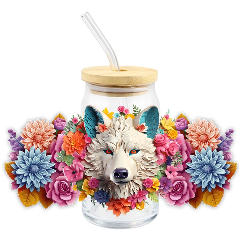 Floral Flowers White Wolf Wolves 3D realistic looking 16oz Libbey Glass Can Ready to apply | UVDTF