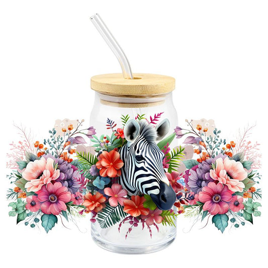 Floral Flowers Zebra 3D realistic looking 16oz Libbey Glass Can Ready to apply | UVDTF #162