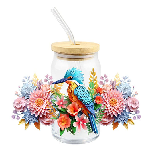 Floral Flowers woodpecker bird 3D realistic looking 16oz Libbey Glass Can UVDTF #166