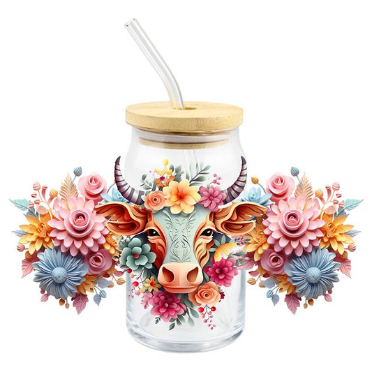 Floral Flowers white Bull 3D realistic looking 16oz Libbey Glass Can Ready to apply | UVDTF #165