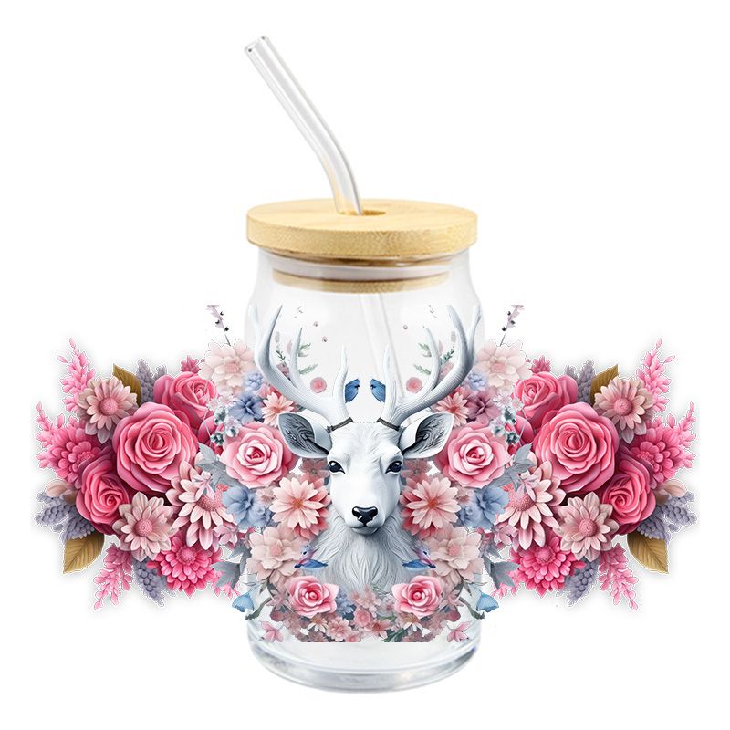 Floral Flowers white Deer 3D realistic looking 16oz Libbey Glass Can Ready to apply | UVDTF #164