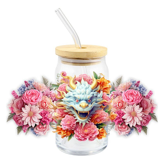 Floral Flowers dragon 3D realistic looking 16oz Libbey Glass Can Ready to apply | UVDTF #170