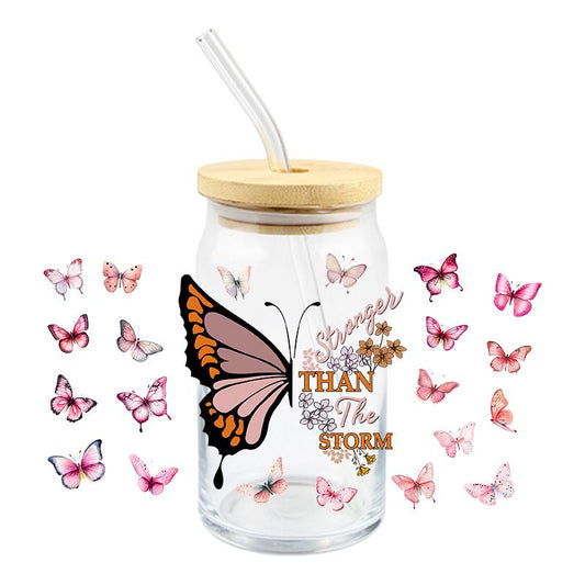 Butterfly Butterflies stronger than the storm 16oz Libbey Glass Can Ready to apply | UVDTF #171