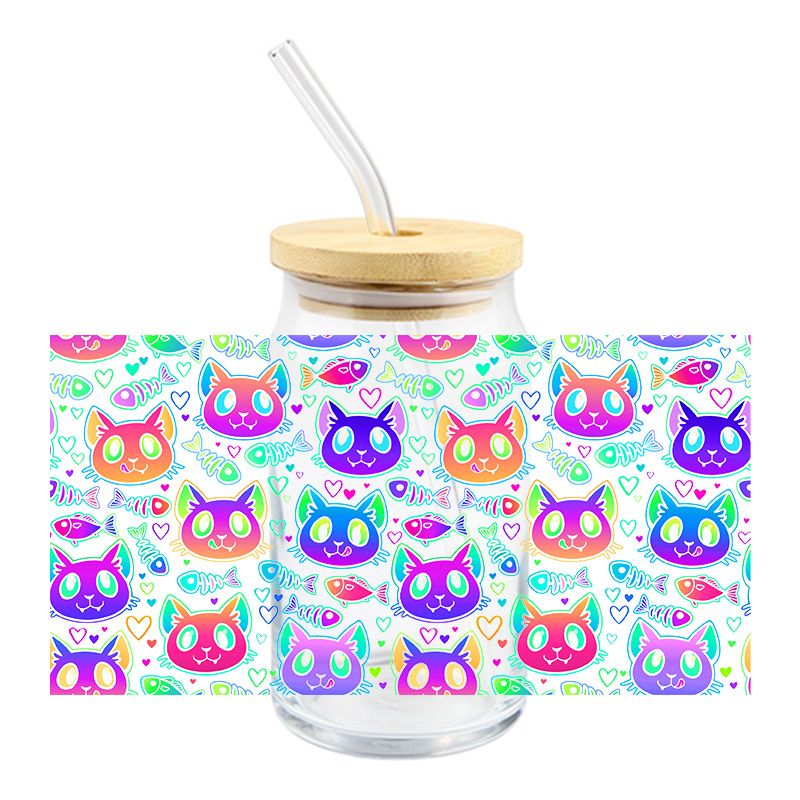 Colorful color cats 16oz Libbey Glass Can Ready to apply | UVDTF