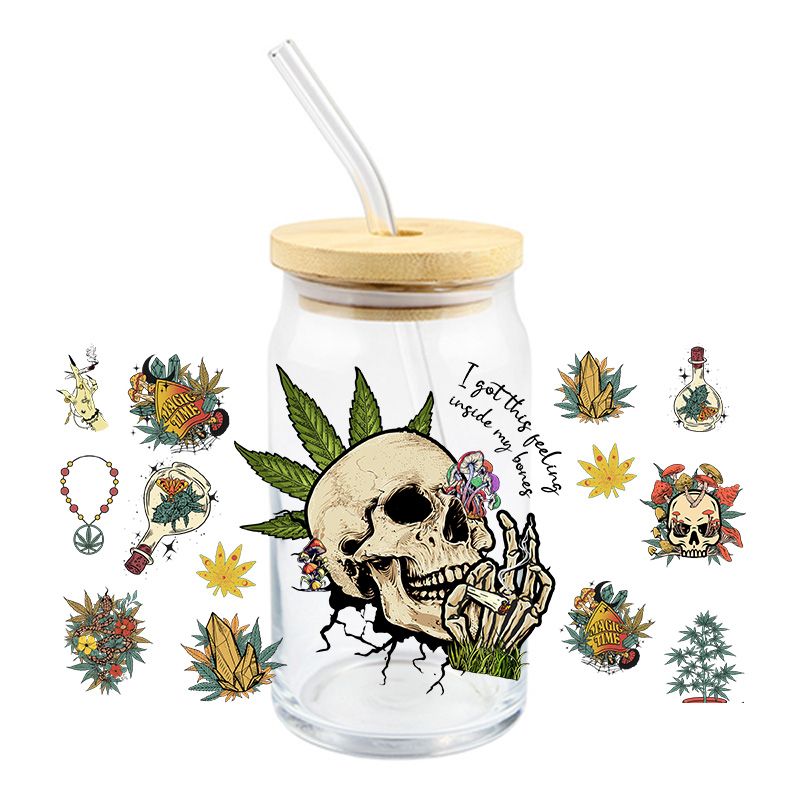 Smokin Skull Leaf 16oz Libbey Glass Can Ready to apply | UVDTF