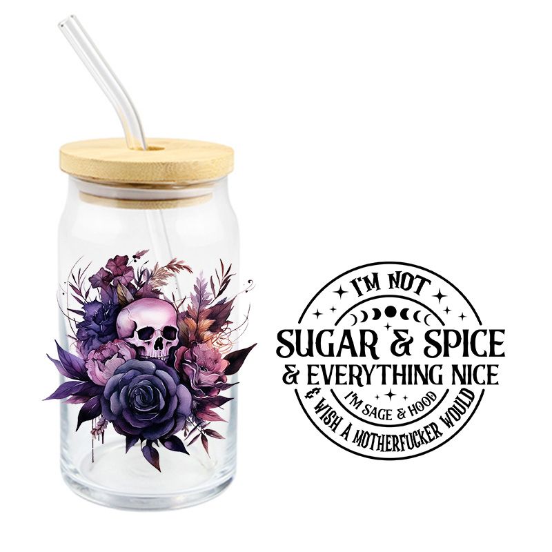 Floral Skull Sugar Spice Sage Hood Wish a MotherF* would 16oz Libbey Glass Can Ready to apply | UVDTF #115