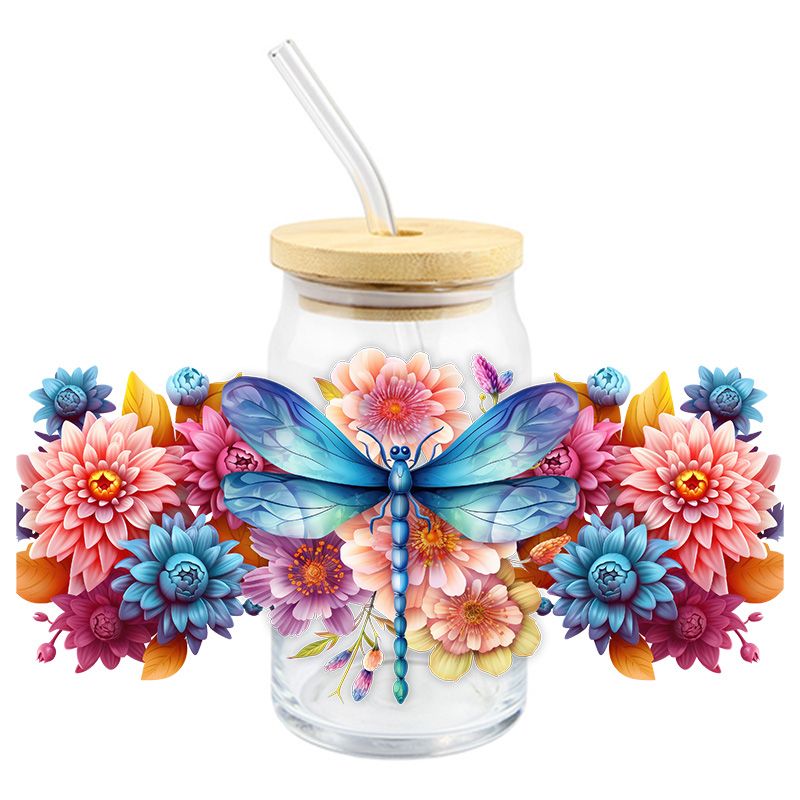 Floral Flowers Dragon fly 3D realistic looking 16oz Libbey Glass Can Ready to apply | UVDTF #167